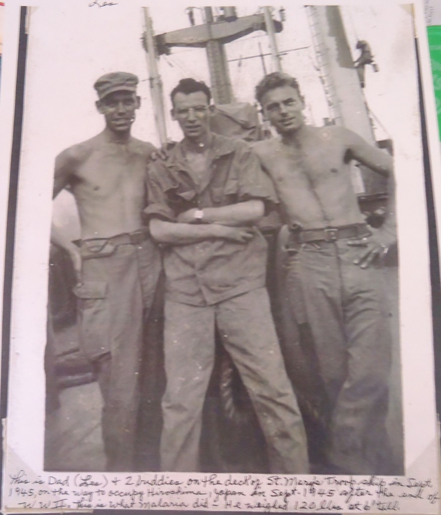 Les Collins (left) with two fellow 41st Infantry soldiers on their way to occupation duty in Hiroshima in September, 1945. For more photos, visit the Hometown Heroes page on facebook.