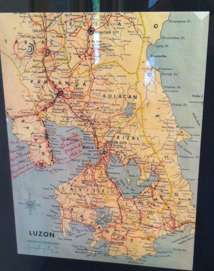 A map of the Philippines, showing where Bill was captured, as well as the route his fellow 200th Coast Artillery soldiers took on the Bataan Death March