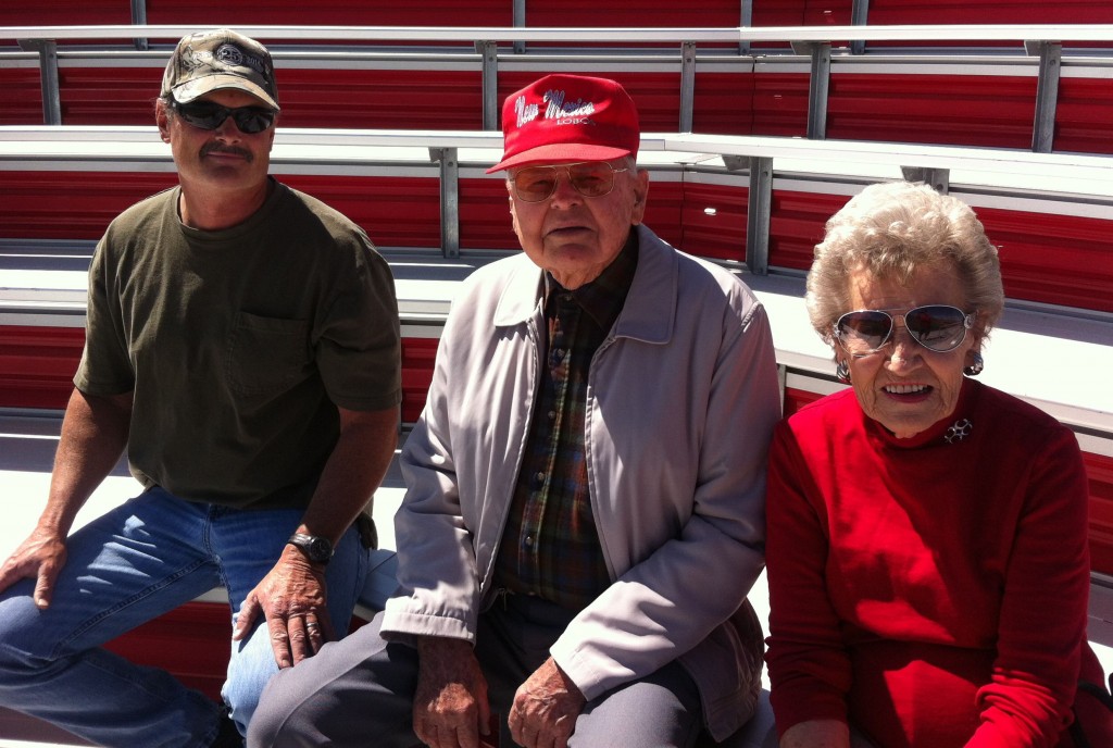 Bill and Ann Overmier, with their son, Chuck, before Bill threw out the first pitch at the Fresno State-New Mexico baseball game.