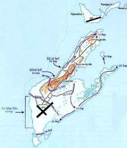 Map of the Battle of Peleliu. Click to enlarge. Wilcox saw action on both Peleliu and Ngesebus. 