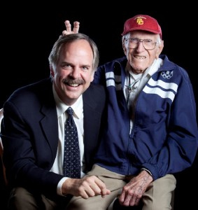 Louis Zamperini with his fellow USC alum and Olympic legend John Naber, who facilitated this interview.