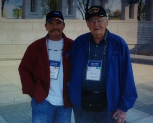 Willis Shepard with his son, Stan, at the National World War II Memorial. The Shepards traveled to Washington, D.C. with Honor Flight Kern County.