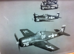 Bob flying in a fearsome foursome of F6F Hellcats.