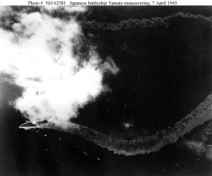 The Japanese battleship Yamato burning on April 7, 1945.