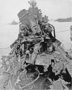 Damage to the USS Newcomb after it was hit by five kamikazes on April 6, 1945.