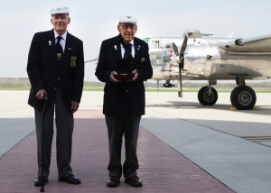 David Thatcher (left) and Dick Cole with their Congressional Gold Medal after it was flown to Dayton, Ohio on a B-25. (photo courtesy U.S. Air Force)