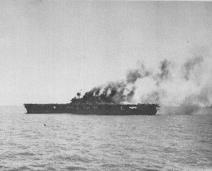 The USS Yorktown after being bombed by Japanese planes on June 4, 1942.