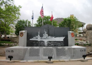 The U.S.S. Indianapolis Memorial in Indiana, IN. On the reverse side of the monument are the names of all 1,196 men aboard the ship on July 30, 1945.