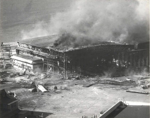 Hangar burning at Ewa Field on December 7, 1941.