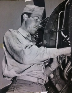 Gene working on an aircraft engine during World War II.