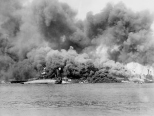 The USS Oklahoma capsizing on December 7, 1941.