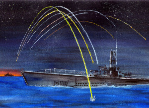 A crewmember's painting of the submarine USS Sennet engaged with a Japanese ship in the Pacific.