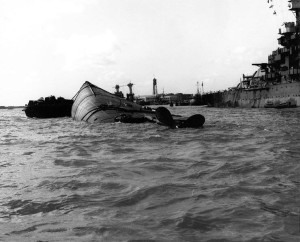 The capsized hull of the battleship USS Oklahoma, where Richard "Swede" Artley was trapped for 34 hours.